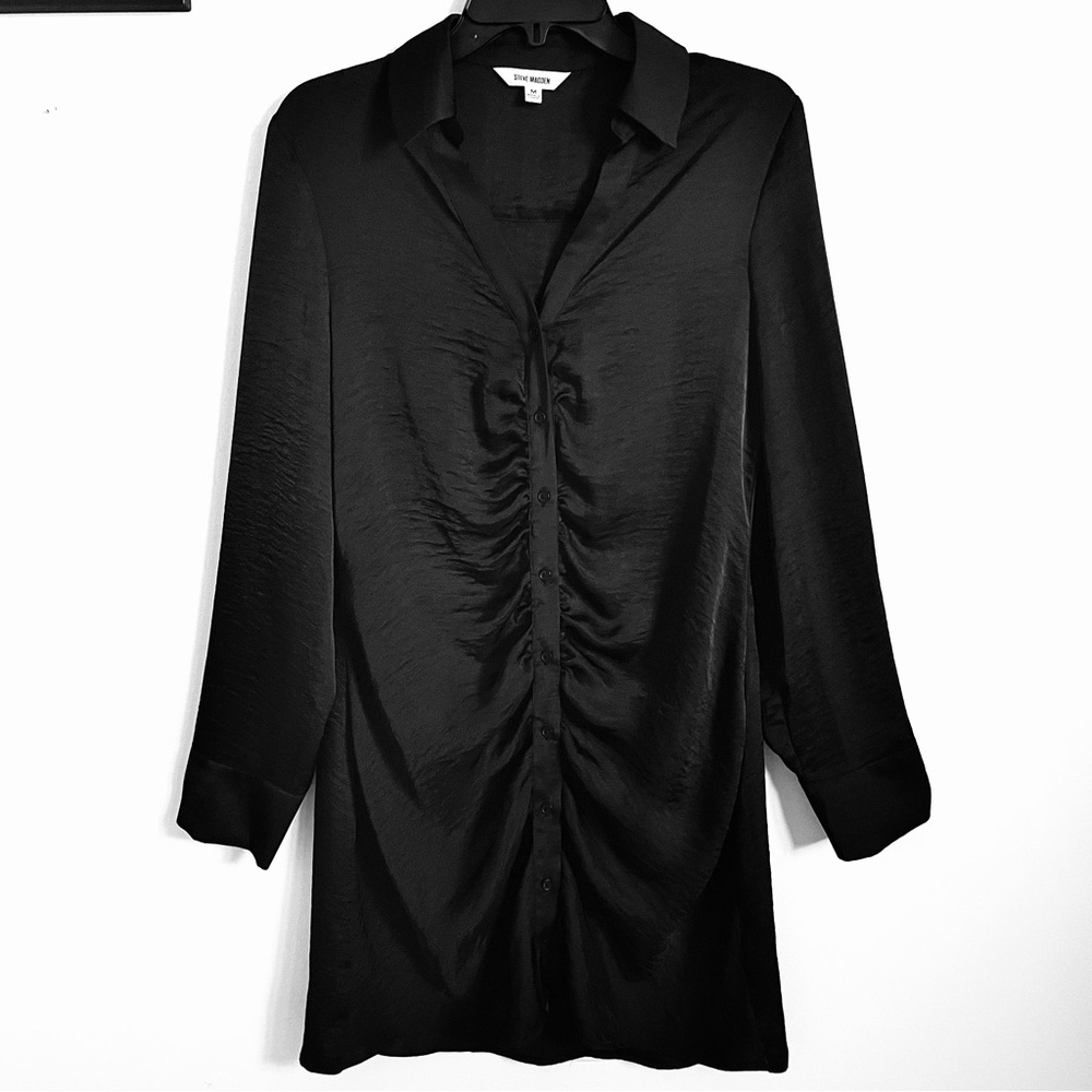 Steve Madden Let's Disco Ruched Button Up Mini Dress in Black Size M EUC